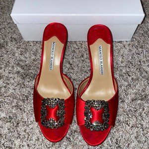 Manolo Blahnik Red Satin Jewel Pumps 7.5 Sz